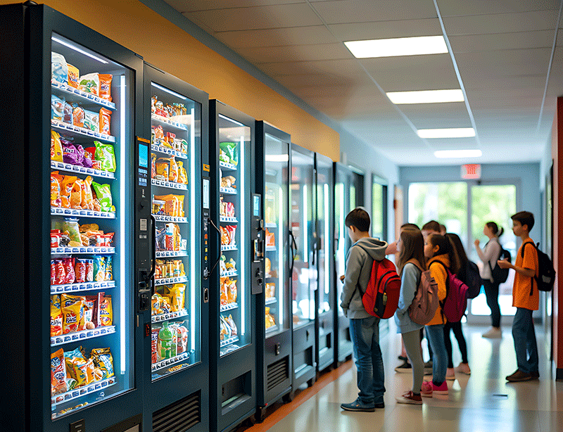 Children looking at various vending machines in their school. School vending solutions, Vending machine for schools, Vending machines for students, School vending services, Snack vending machines, School snack delivery, Vending for schools, Healthy school snacks, Nutritional vending, Health-conscious snacks, Sugar-free vending snacks, Smart snack vending, Healthy snacks