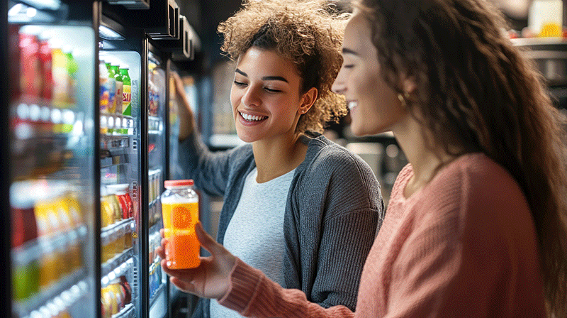Two ladies looking at a vending machine. Micro market vending, Self-service kiosks, Micro market solutions, Micro market vending service, Office micro markets, Vending kiosk service, Snack micro markets, Beverage micro markets, Micro market provider, Corporate micro markets