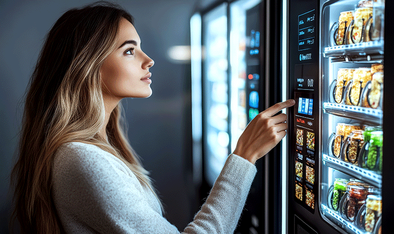 Lady looking at a vending machine. Vending for businesses, Vending machine installation, Vending maintenance, Vending equipment, Beverage vending services, Healthy snack vending, School vending services, Vending machines for offices